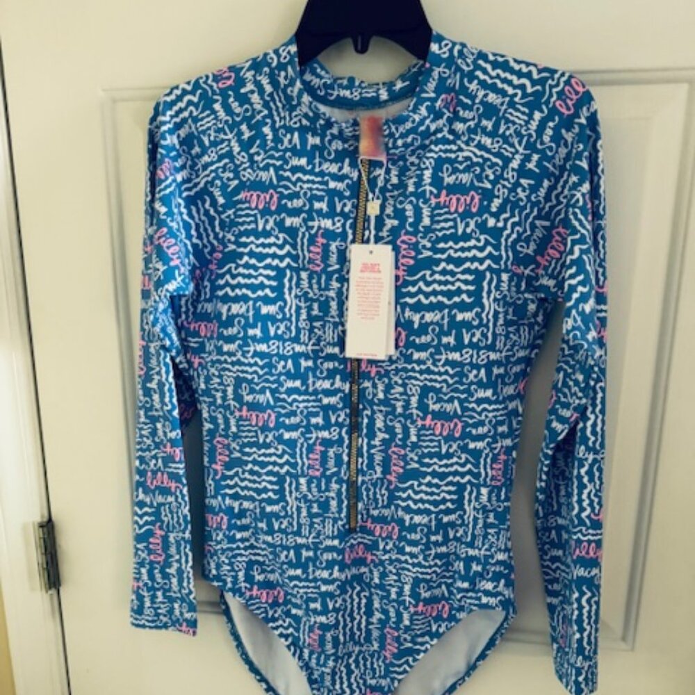 NWT Lilly Pulitzer Randee Rash Guard One Piece Swimsuit • Blue • Sz 12 • UPF 50+